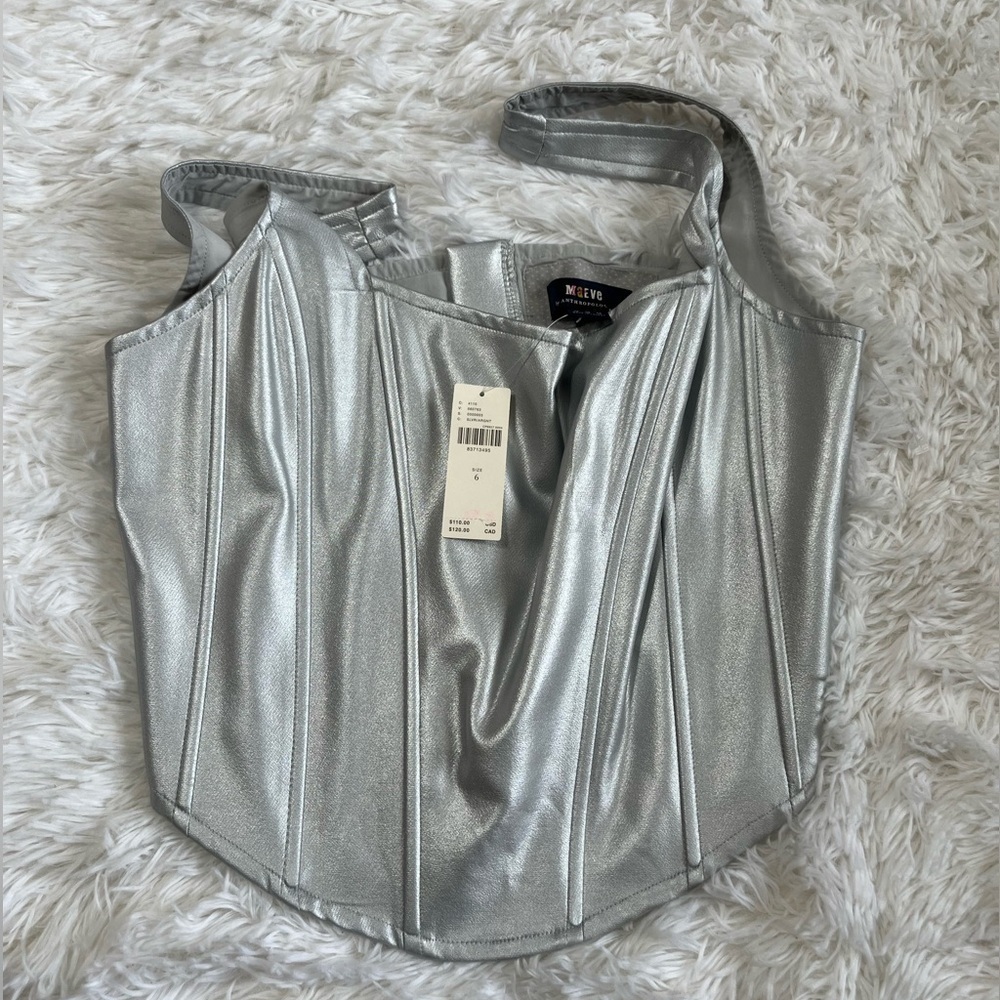 Anthropologie | Maeve | Metallic Silver Corset Tank Top | NWT! - Picture 6 of 9